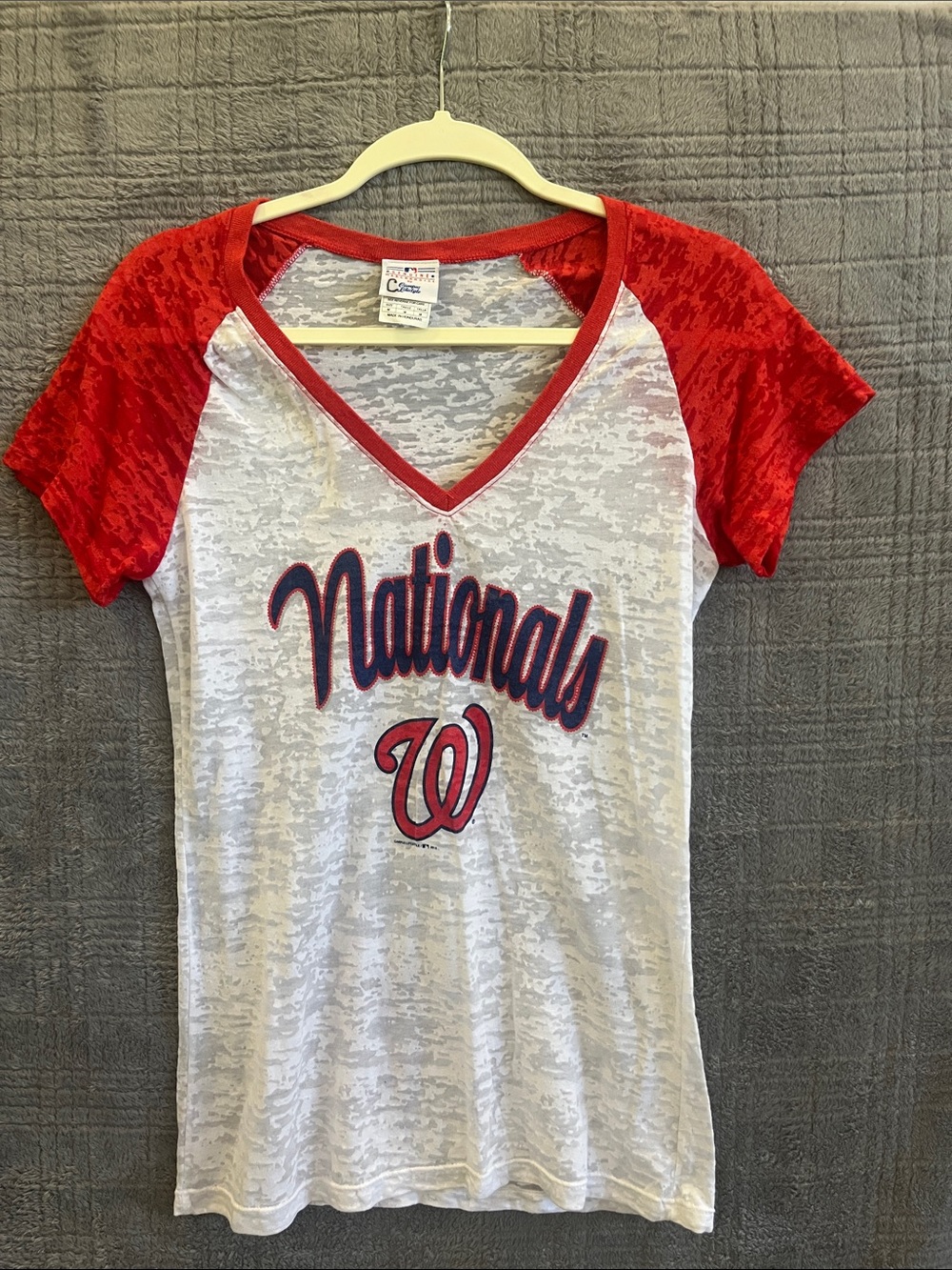 Nationals V-Neck Raglan Burnout Tee - Red & White
